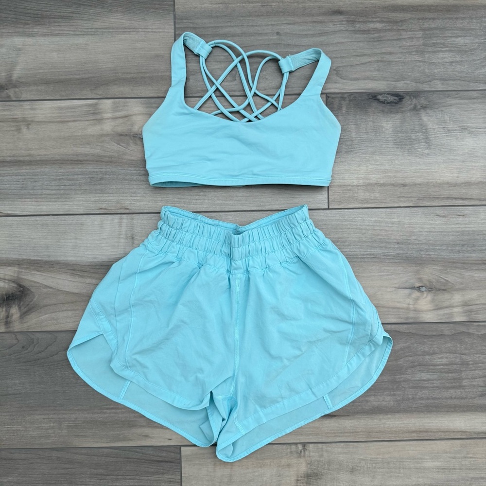 Lululemon icing blue track that shorts free to be wild bra set